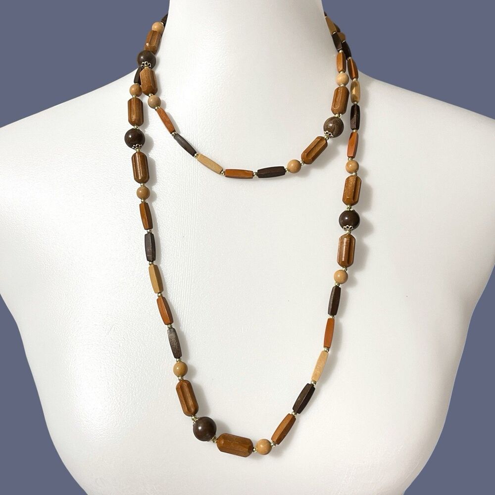 VTG Necklace Wood Grain Plastic Beads Brown Earth Tone Boho Layering Strand 46”